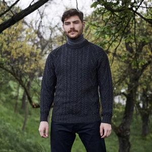 Saol Irish Aran Sweater for Men, 100% Merino Wool Fisherman Sweater, Crew Neck Cable Knit Sweater, Ireland Knitted Jumper, Made in Ireland Charcoal