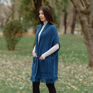 Aran Fisherman Irish Shawl for Women Pure Merino Wool Cape Soft, Warm, & Comfortable Scarf Irish Knitting, Fringe Trim, Front Pockets Marl Blue