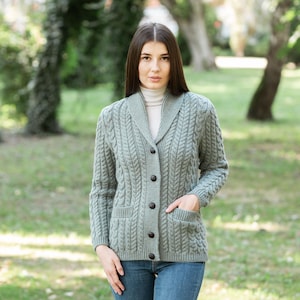 SAOL Merino Shawl Neck Cardigan for Ladies, 100% Merino Wool Buttoned V-neck Cardigan Sweater with Pockets for Women, Made in Ireland image 10