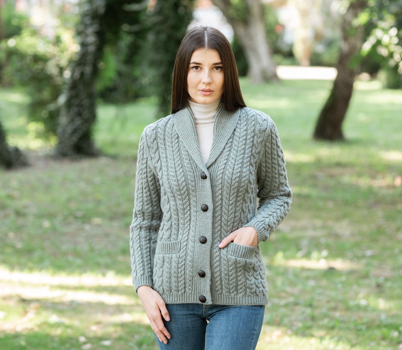 SAOL Merino Shawl Neck Cardigan for Ladies, 100% Merino Wool Buttoned V-neck Cardigan Sweater with Pockets for Women, Made in Ireland image 10