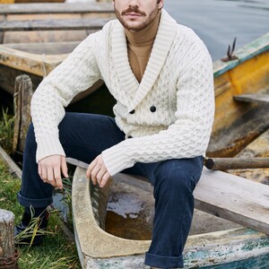 Irish Aran Fisherman Breasted Jacket Cardigan, 100% Merino Wool Cable Knit Heavyweight Sweater Cardigan, Shawl V-neck Collar Cardigan Men image 7