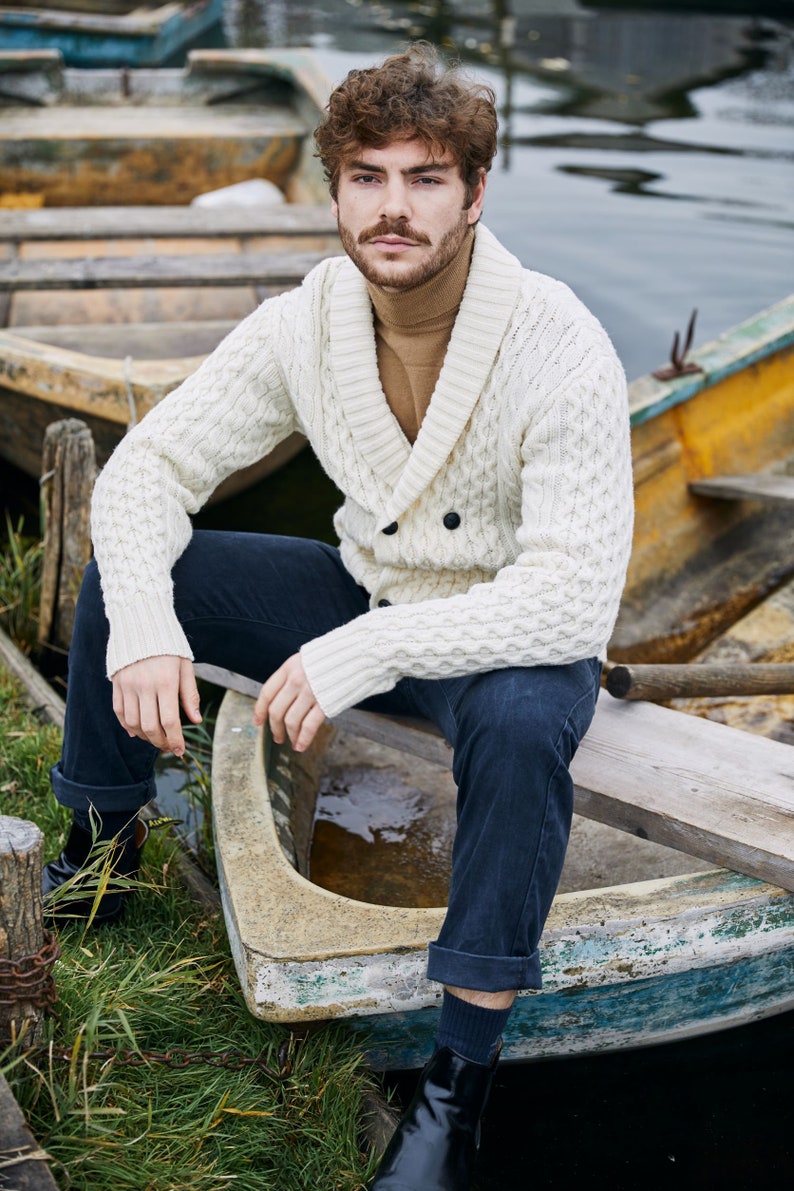 Irish Aran Fisherman Breasted Jacket Cardigan, 100% Merino Wool Cable Knit Heavyweight Sweater Cardigan, Shawl V-neck Collar Cardigan Men image 7