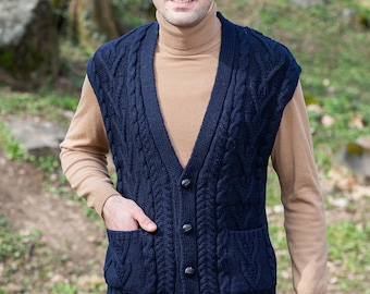 Irish Aran Fisherman Cardigan with Buttons & Pockets, 100% Merino Wool Knit Vest, Sleeveless Knit Open Jacket,Made in Ireland