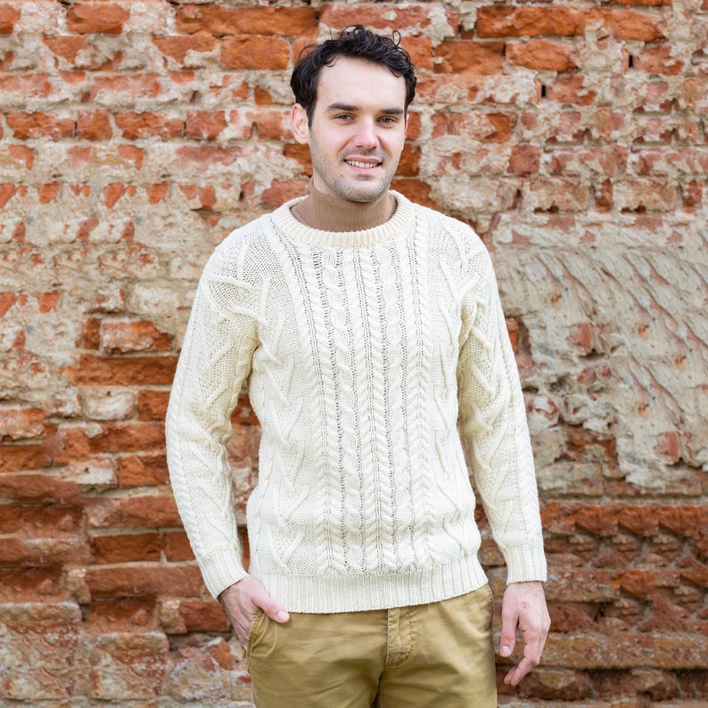 Saol Irish Aran Sweater for Men, 100% Merino Wool Fisherman Sweater, Crew Neck Cable Knit Sweater, Ireland Knitted Jumper, Made in Ireland Natural White