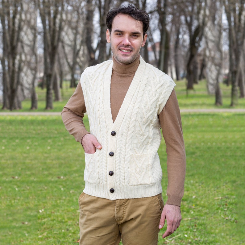 Aran Irish Vest with Buttons & Pockets for Men, 100% Merino Wool Knit Waistcoat, Sleeveless Knit Open Cardigan, Made in Ireland image 5