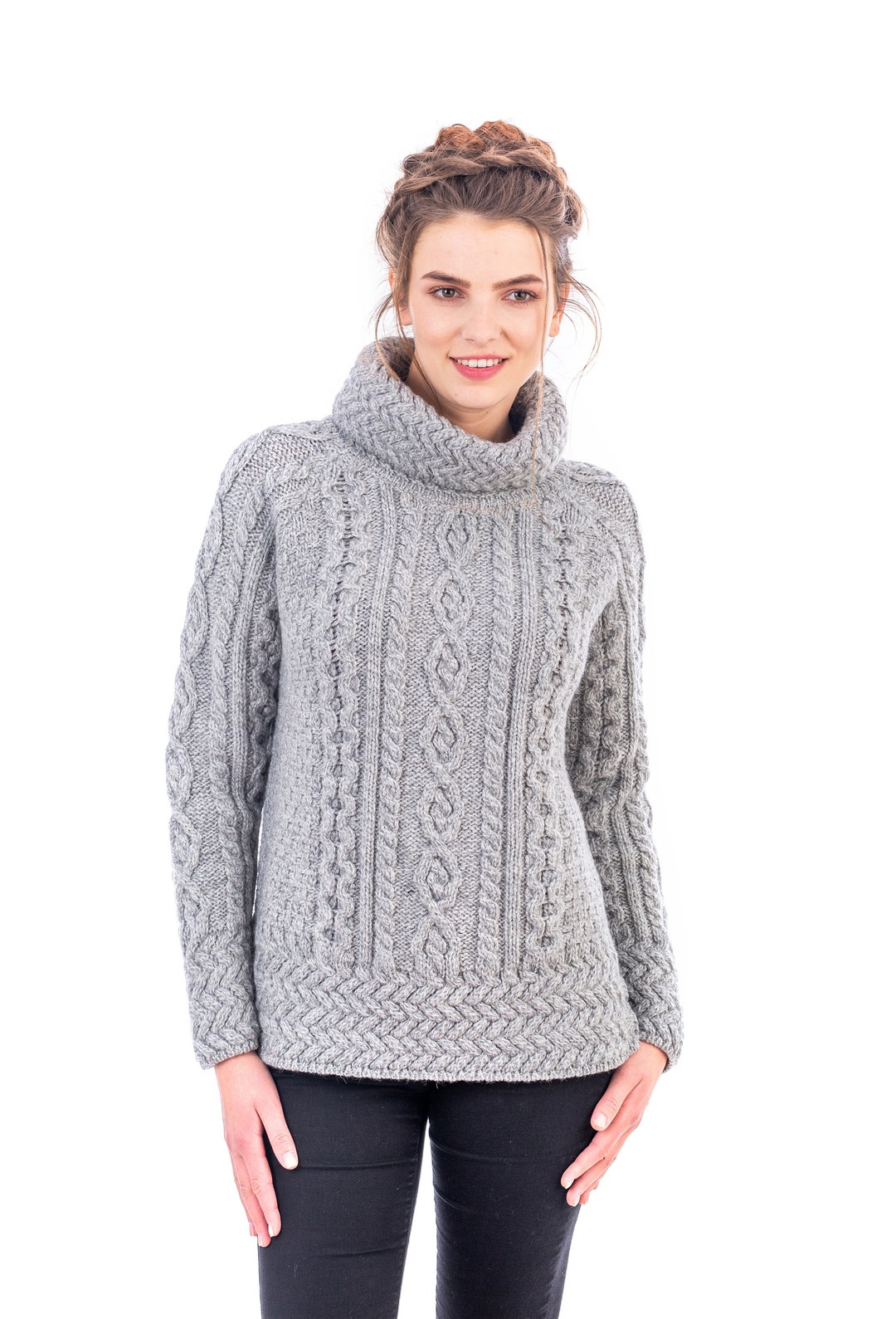 Aran Fisherman Sweater Ladies Soft & Warm Jumper Vented Roll Neck