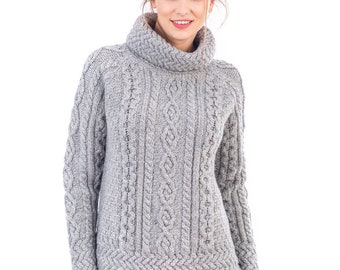 Aran Fisherman Sweater Ladies — Soft & Warm Jumper — Vented Roll Neck Collar Ireland Sweater for Women — Irish Aran Knitting | Ribbed Trim