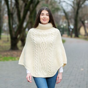 Aran Cowl Neck Knit Poncho for Women: 100% Merino Wool Wrap Shawl Winter Soft, Warm Cape Irish Aran Knitting Mantle One Size Fits All White