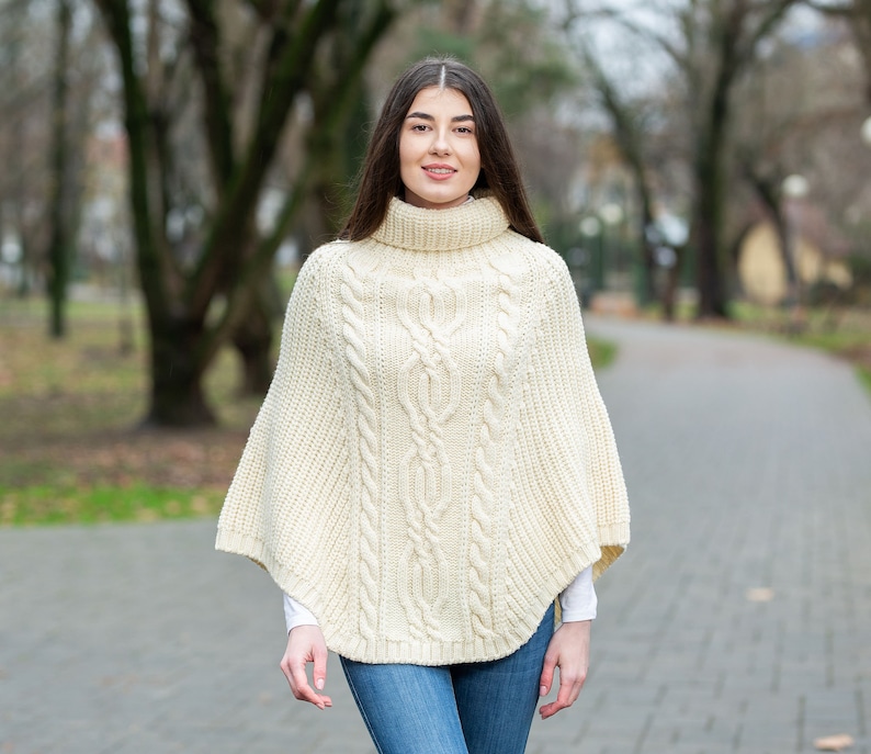 Aran Cowl Neck Knit Poncho for Women: 100% Merino Wool Wrap Shawl Winter Soft, Warm Cape Irish Aran Knitting Mantle One Size Fits All White