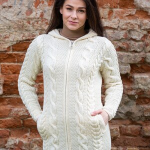 Aran Fisherman Women's Hooded Zip Ireland Cardigan: 100% Merino Wool Cable Rope & Braid Design Irish Soft, Warm Coat Winter/Fall image 6