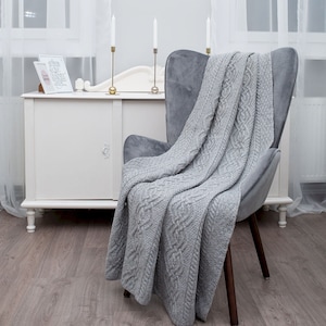 Aran Traditional Irish Heavyweight Throw 100% Merino Wool Cable Knit Fisherman Blanket Wool Cable Knit Knee Blanket Made in Ireland Gray