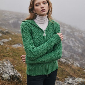 SAOL Aran Hooded Cardigan for Women, 100% Merino Wool Cable Knit Cardigan, Soft & Warm Hoodie Jacket, Made in Ireland image 2
