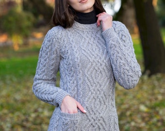 Fisherman Cable Knit Ireland Sweater for Women — 100% Merino Wool Jumper — Soft & Warm Pullover —  Crew Neck | Front Pockets