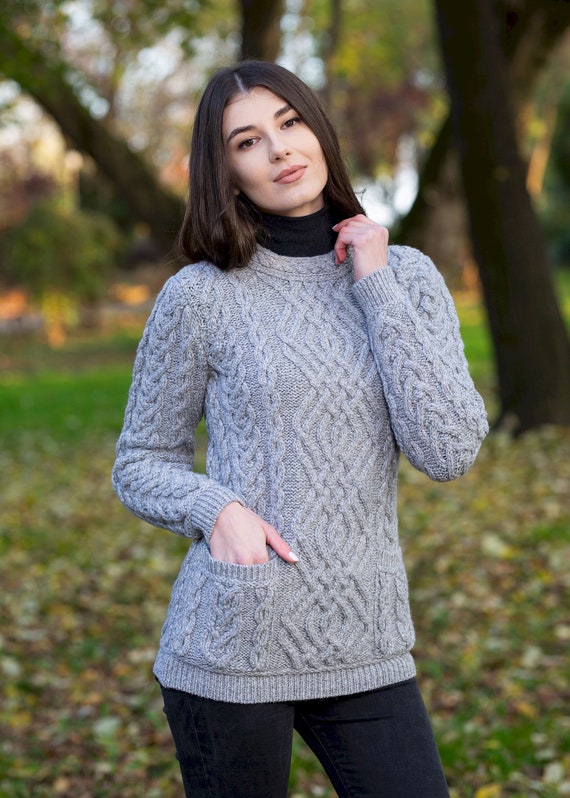 Fisherman Cable Knit Ireland Sweater for Women 100% Merino Wool Jumper Soft  & Warm Pullover Crew Neck Front Pockets 