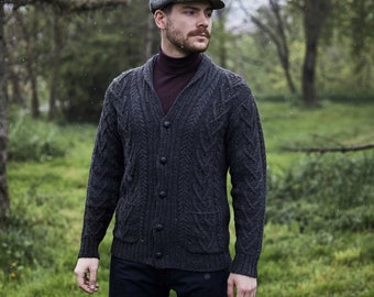 Aran Fisherman Cable Knit Shawl Collar Casual Cardigan with Buttons and Pockets — 100% Irish Merino Wool Jacket — Soft & Warm Jacket