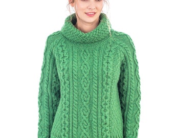 Irish Aran Traditional Knit Sweater, Fisherman Sweater for Women with Vented Roll Neck Collar & Ribbed Trim, 100% Merino Wool Ireland Jumper