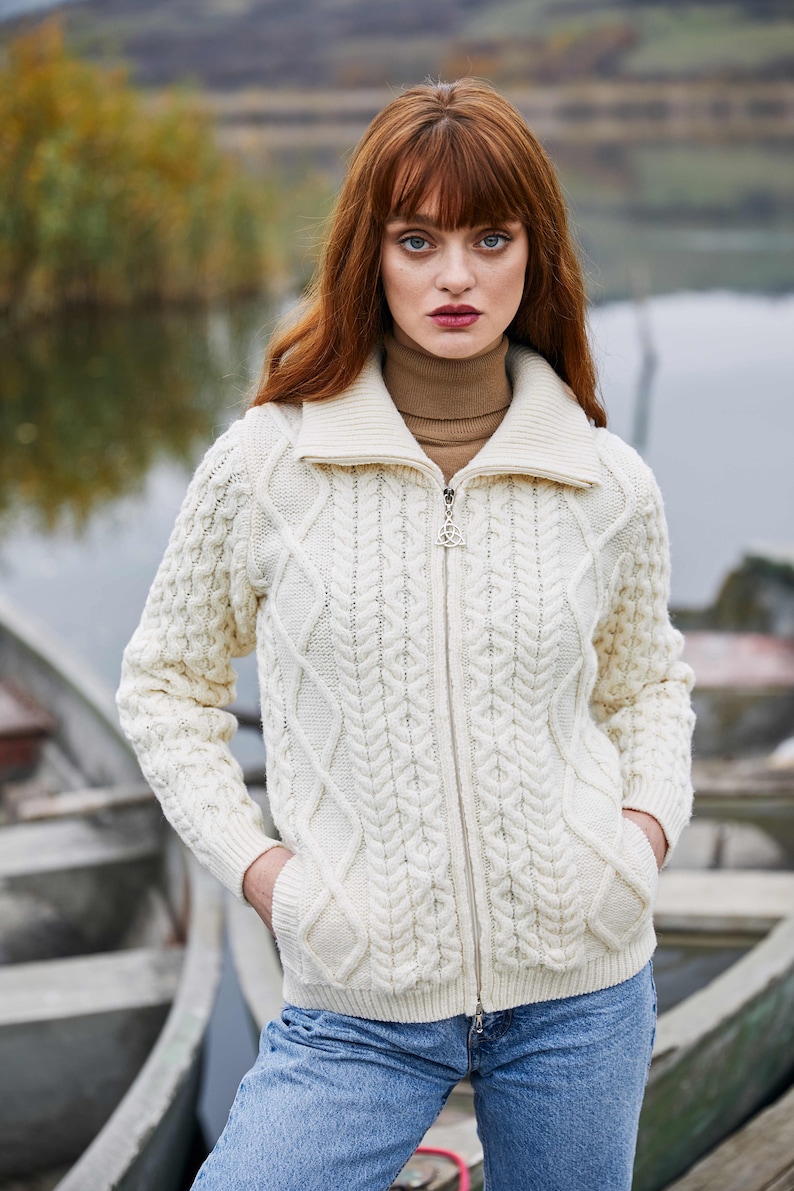 Aran Cable Knit Bomber Jacket, 100% Merino Cable Knit Cardigan Sweater for Women, Made in Ireland image 5