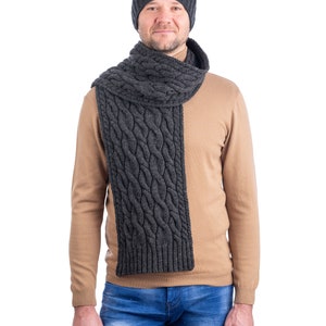 Aran Irish Wool Cable Knit Winter Scarf 100% Pure Merino Wool Shawl Super Soft, Warm, and Cozy Men Accessories Irish Aran Knitting Charcoal