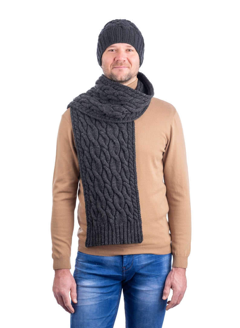 Aran Irish Wool Cable Knit Winter Scarf 100% Pure Merino Wool Shawl Super Soft, Warm, and Cozy Men Accessories Irish Aran Knitting Charcoal