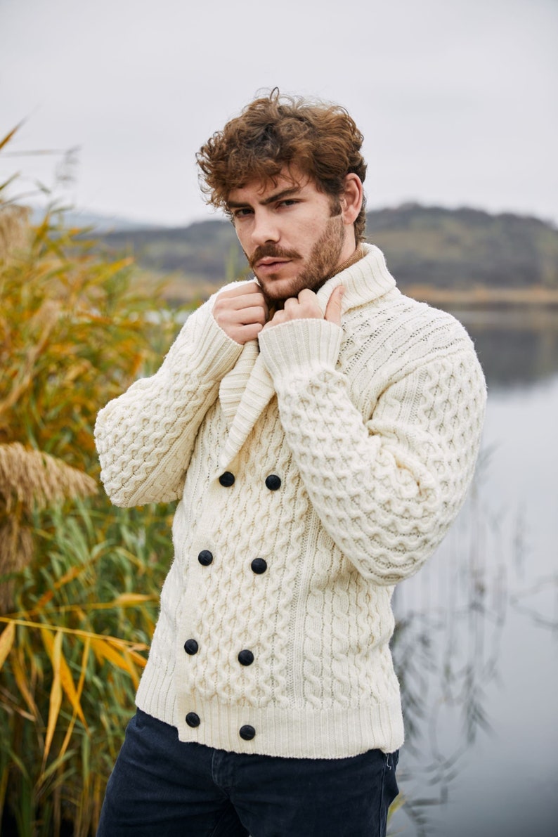 Irish Aran Fisherman Breasted Jacket Cardigan, 100% Merino Wool Cable Knit Heavyweight Sweater Cardigan, Shawl V-neck Collar Cardigan Men image 4