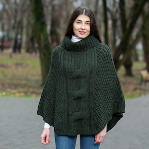 Aran Fisherman Sweater Poncho 100% Merino Wool Irish Traditional Turtleneck Knit Cape Soft, Warm Winter Poncho for Women One Size image 3