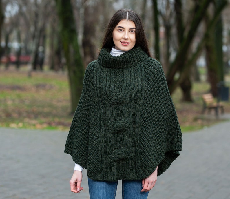 Aran Fisherman Sweater Poncho 100% Merino Wool Irish Traditional Turtleneck Knit Cape Soft, Warm Winter Poncho for Women One Size image 3