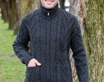 Irish Traditional Aran Cable Knit Sweater — Full Zipper Winter Ireland Cardigan with Pockets — 100% Soft & Warm Merino Wool Knit Jacket