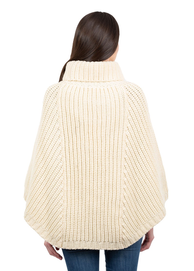 Aran Fisherman Sweater Poncho 100% Merino Wool Irish Traditional Turtleneck Knit Cape Soft, Warm Winter Poncho for Women One Size image 6