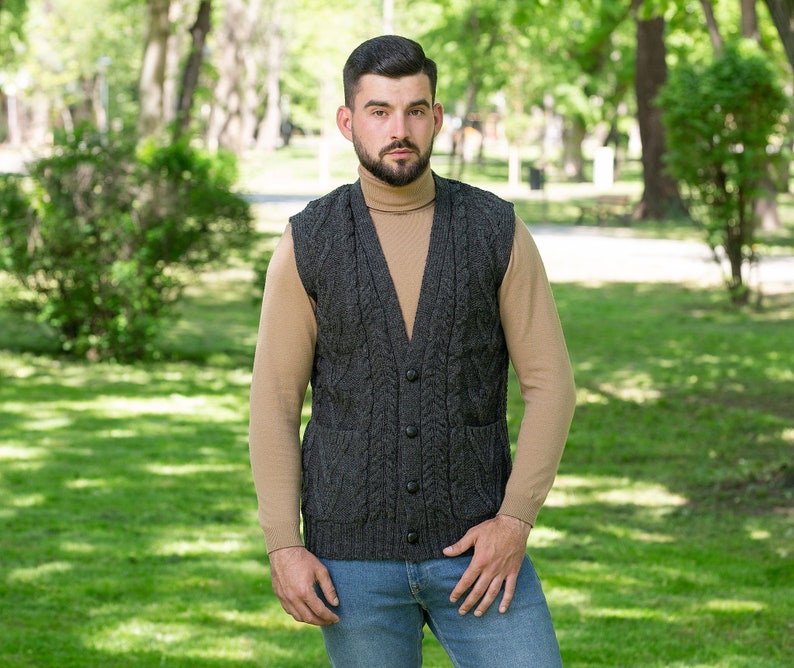 Aran Irish Vest with Buttons & Pockets for Men, 100% Merino Wool Knit Waistcoat, Sleeveless Knit Open Cardigan, Made in Ireland image 1