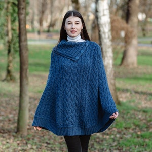 Aran Fisherman Irish Cowl Neck Button Poncho Sweater, 100% Merino Wool Cable Knit Poncho for Ladies, Three Buttoned Cowl Neck Poncho Ruana image 7