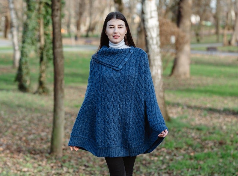 Aran Fisherman Cowl Neck Button Poncho Ruana for Ladies, Fisherman Three Buttoned Cowl Neck Poncho, 100% Merino Wool Cable Knit Poncho image 7