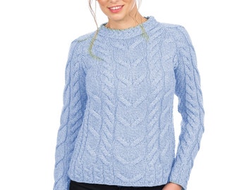 Saol Aran Cable Knitted Women Raglan Jumper, 100% Pure Merino Super Soft Wool Crewneck Sweater, Made In Ireland