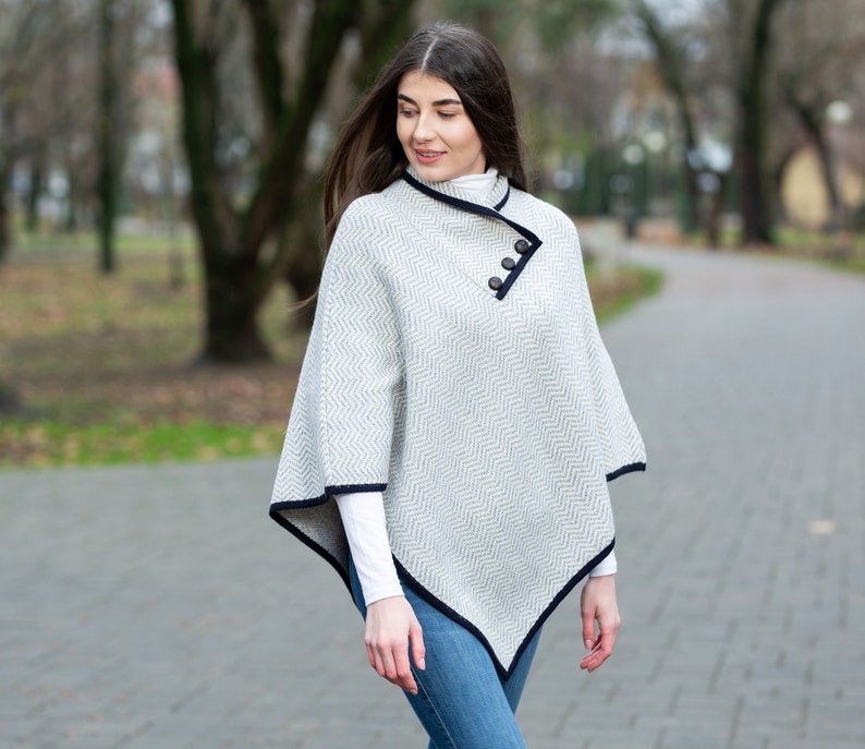 Traditional Irish Aran Wool Poncho for Women, Herringbone Poncho Shawl , Merino Wool Blend Cape, Knitted Poncho with Button Closure image 2