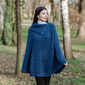 Irish Aran Fisherman Cowl Neck Button Poncho for Ladies, Traditional Three Buttoned Poncho Sweater, 100% Merino Wool Cable Knit Poncho image 3