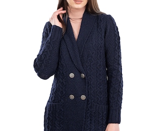 Aran Knit Coatigan Irish Shawl Collar Coat with Pockets & Buttons for Ladies: 100% Merino Wool Cable Knit Ireland Cardigan-Made in Ireland