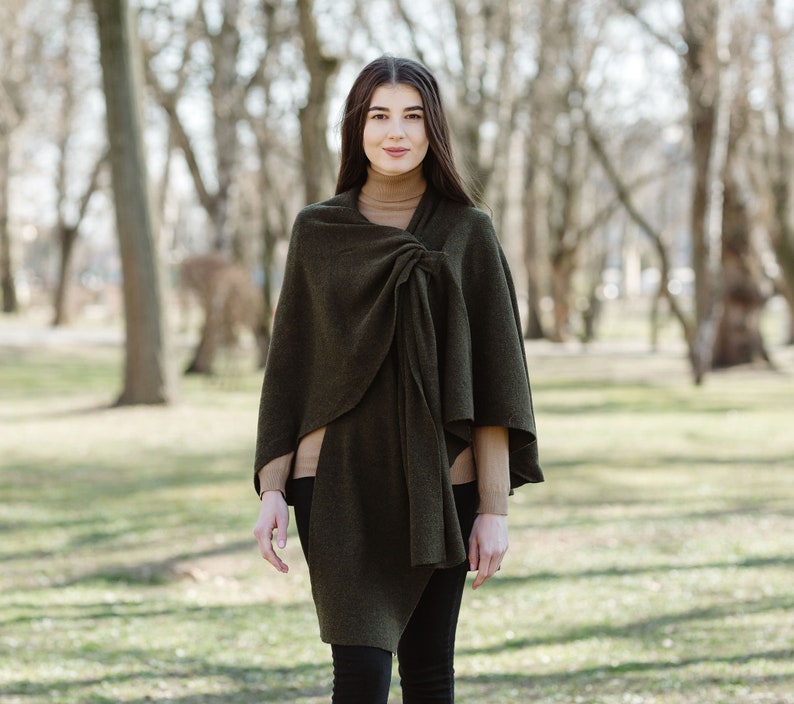 Lightweight Lambswool Drapped Poncho Shawl for Ladies, Irish Wool Ruana Wrap, Bridal Lambswool Shawl for Ladies Army Green