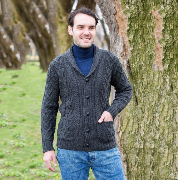 Aran Fisherman Cable Knit Shawl Collar 