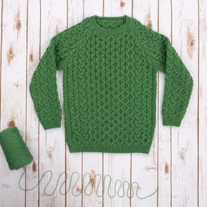SAOL Kids Aran Merino Wool Sweater, 100% Pure Merino Wool Sweater, Aran Fisherman Sweater for Kids, Made in Ireland Green