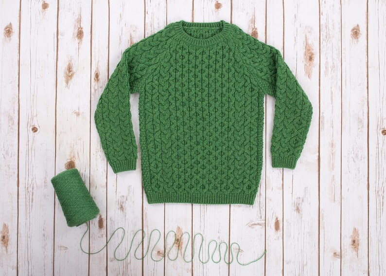 SAOL Kids Aran Merino Wool Sweater, 100% Pure Merino Wool Sweater, Aran Fisherman Sweater for Kids, Made in Ireland Green