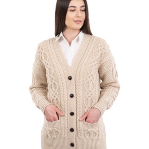 SAOL Cable Knit Boyfriend Cardigan with Front Pockets, 100% Merino Wool Cable Knit Sweater for Women, Made in Ireland image 8