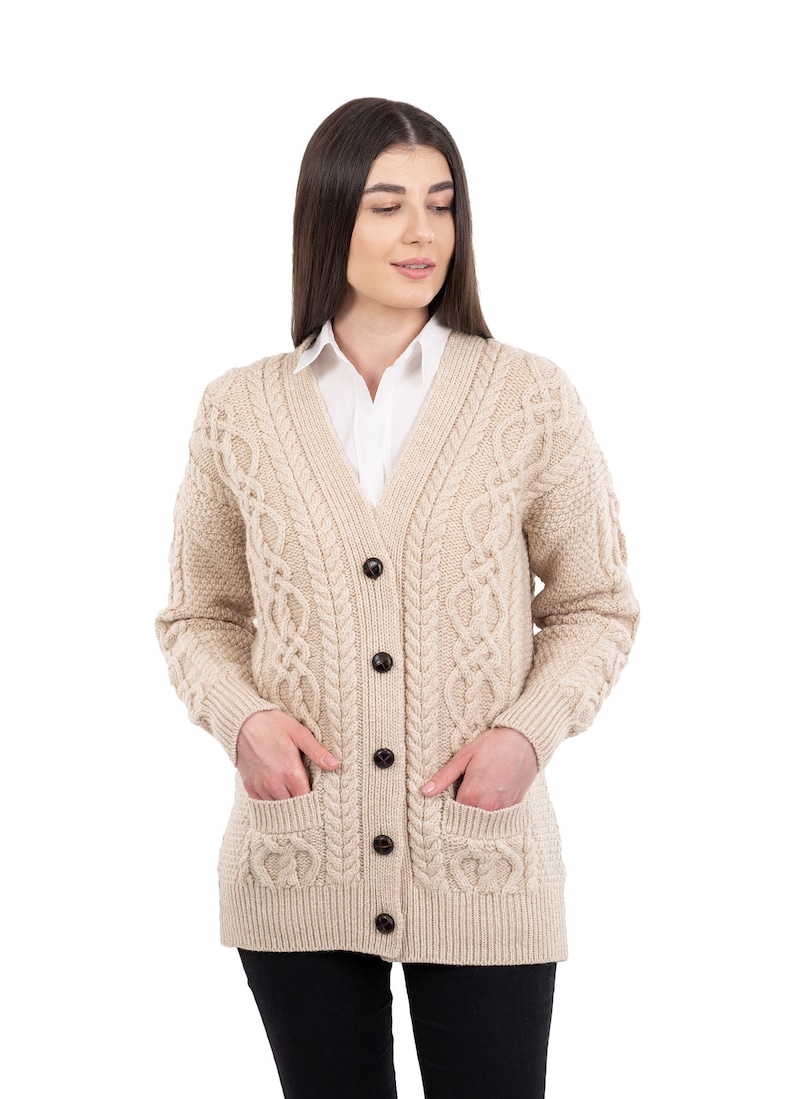 SAOL Cable Knit Boyfriend Cardigan with Front Pockets, 100% Merino Wool Cable Knit Sweater for Women, Made in Ireland image 8
