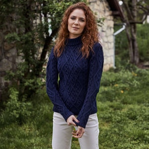 Aran Traditional  Fisherman Berry Cable Knit Sweater, 100% Pure Merino Wool Aran Jumper For Ladies, Made in Ireland