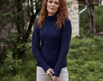 Aran Traditional  Fisherman Berry Cable Knit Sweater, 100% Pure Merino Wool Aran Jumper For Ladies, Made in Ireland