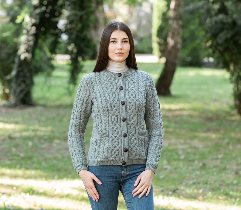 Aran Fisherman Cardigan Sweater 100% Traditional Irish Merino Wool Jacket Soft & Warm Jacket Button Closure Front Pockets image 2