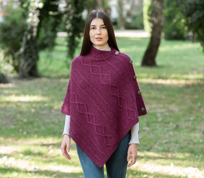 Saol Aran Traditional Cable Knit Cowl Neck Poncho, 100% Premium Quality Merino Wool Shawl, Fisherman Poncho For Women, Made In Ireland Velvet Red