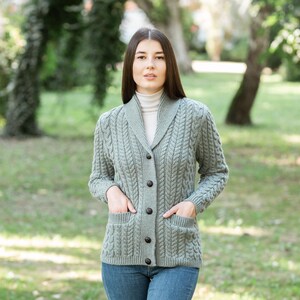 SAOL Merino Shawl Neck Cardigan for Ladies, 100% Merino Wool Buttoned V-neck Cardigan Sweater with Pockets for Women, Made in Ireland image 9