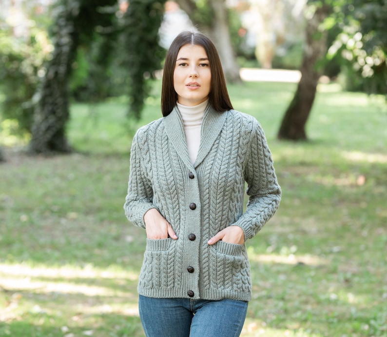 SAOL Merino Shawl Neck Cardigan for Ladies, 100% Merino Wool Buttoned V-neck Cardigan Sweater with Pockets for Women, Made in Ireland image 9