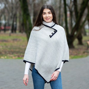 Traditional Irish Aran Wool Poncho for Women, Herringbone Poncho Shawl , Merino Wool Blend Cape, Knitted Poncho with Button Closure image 5