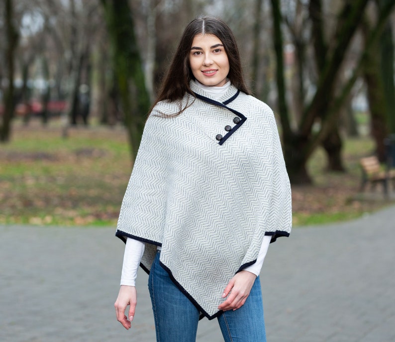 Traditional Irish Aran Wool Poncho for Women, Herringbone Poncho Shawl , Merino Wool Blend Cape, Knitted Poncho with Button Closure image 5