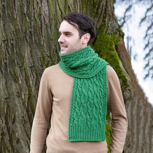 Aran Irish Wool Cable Knit Winter Scarf 100% Pure Merino Wool Shawl Super Soft, Warm, and Cozy Men Accessories Irish Aran Knitting Green